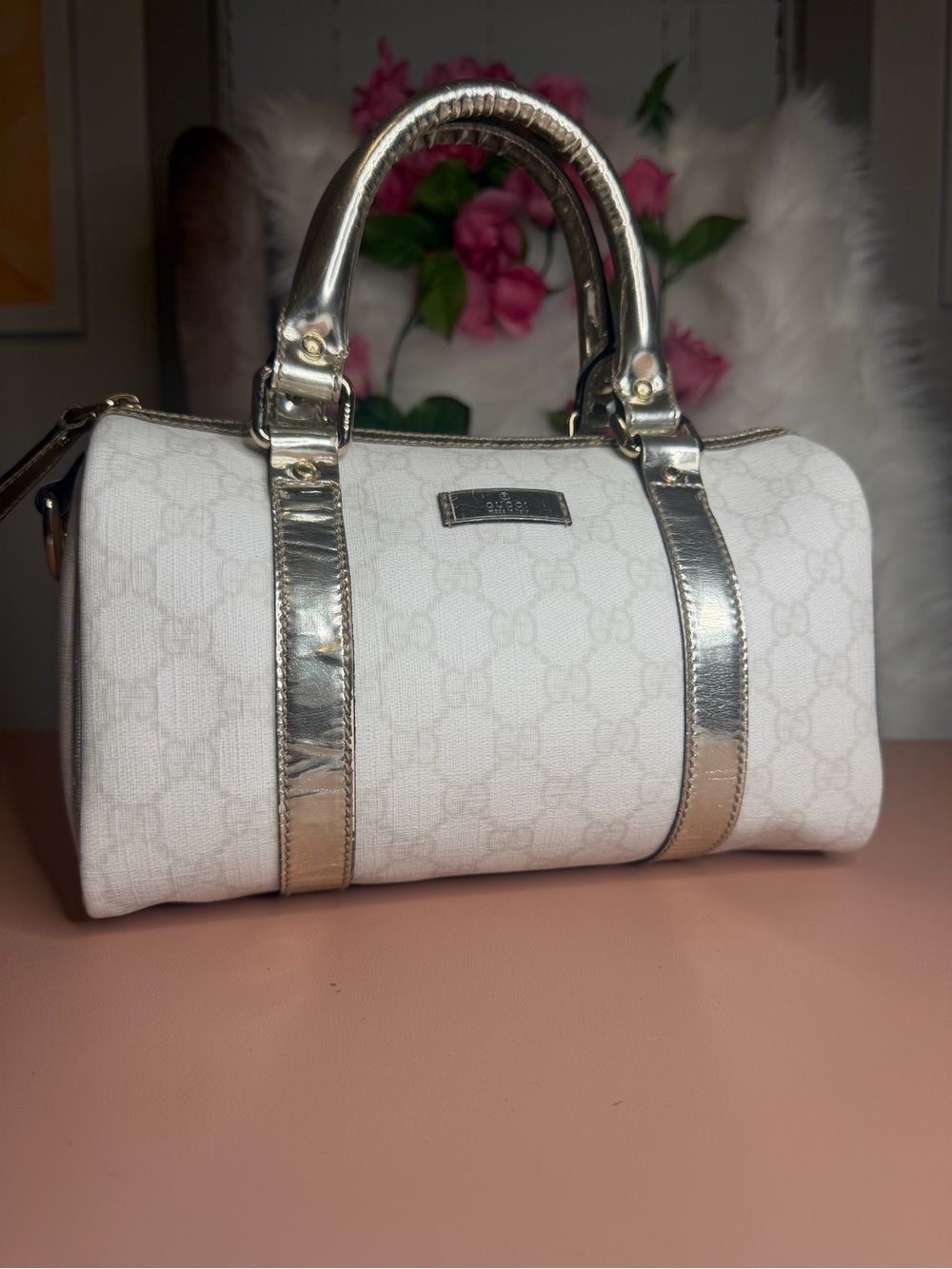 Gucci White GG Plus Canvas Joy Boston Bag with Metallic Trim Handbag